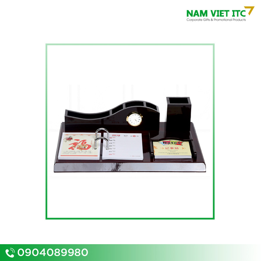 Lịch gỗ để bàn có khay giấy note khay đựng bút