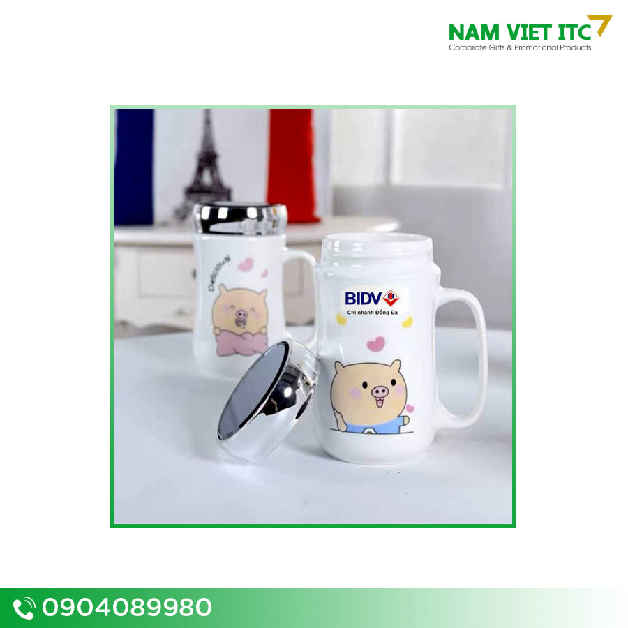 Cốc sứ có nắp tráng gương in logo BIDV Cốc sứ có nắp tráng gương in logo BIDV
