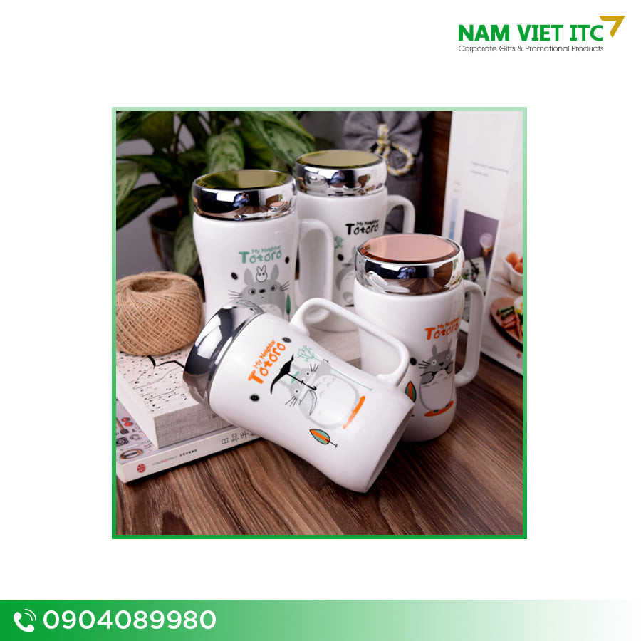 Cốc sứ có nắp tráng gương in logo cao cấp Cốc sứ có nắp tráng gương in logo cao cấp