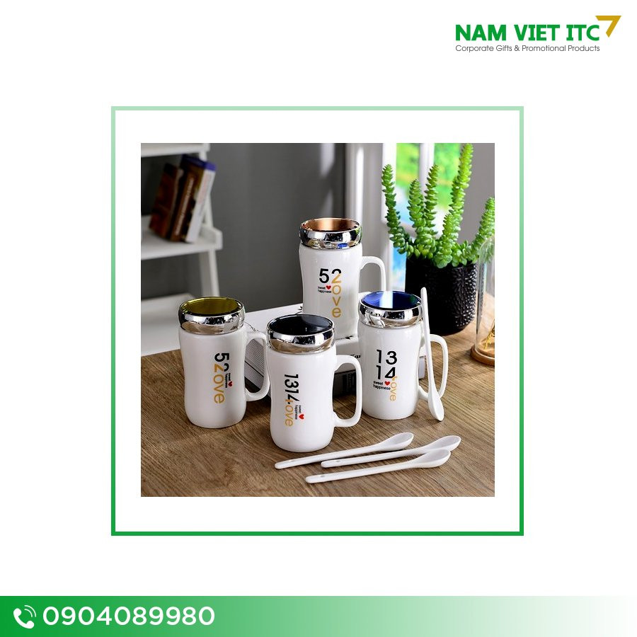 Bộ cốc sứ có nắp tráng gương in logo cao cấp Bộ cốc sứ có nắp tráng gương in logo cao cấp